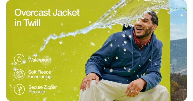 Overcast Jacket in Twill. Waterproof, Soft Fleece Inner Lining, Secure Zipper Pockets.