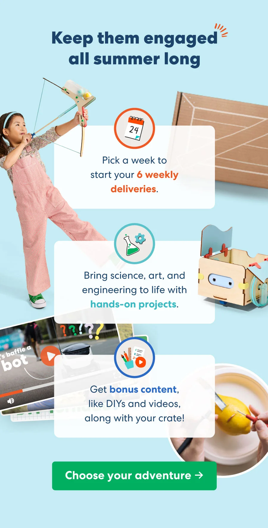 Illustration showing how each crate includes hours of fun, screen-free activities, and a STEM-based learning adventure.