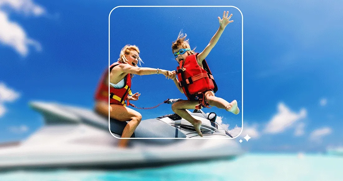 Image Description: Rotating gif with three photos. In each, the background is slightly blurred with a frame that centers the subjects who can be seen clearly. The first photo shows a woman on a jet ski with a young boy jumping off into the water. The second shows a man and a woman in reflective vests riding bikes. The third shows three people in ski gear on a slope.