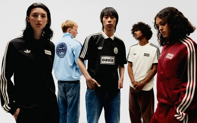Group of five people wearing different adidas Originals x Oasis apparel