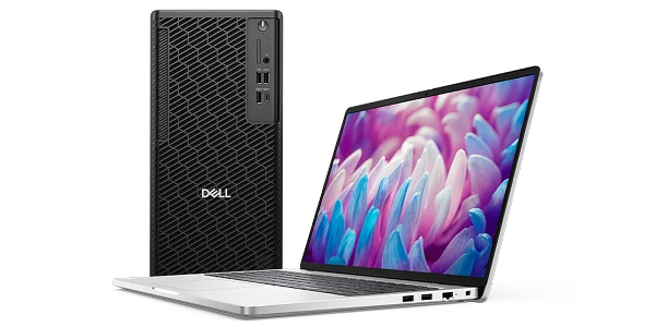 A Dell Pro Precision Desktop computer next to a Dell Pro 16 Laptop computer.