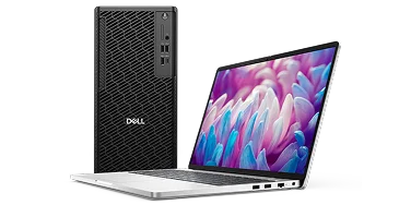 A Dell Pro Precision Desktop computer next to a Dell Pro 16 Laptop computer.