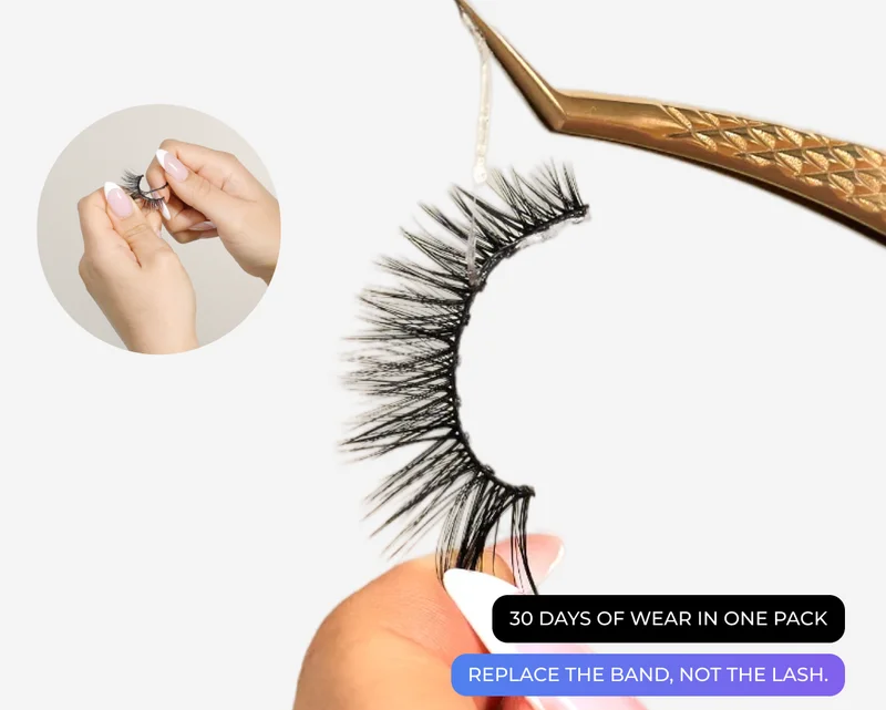 Close-up of a false eyelash with a clear Nano Band being applied to the lash band using tweezers.
