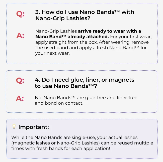 Frequently asked questions explaining how Nano Bands work, compatibility with existing lashes, and single-use wear.