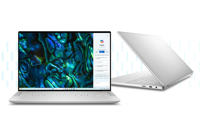 xps laptop montage with green and blue screenfill in front of patterned lines