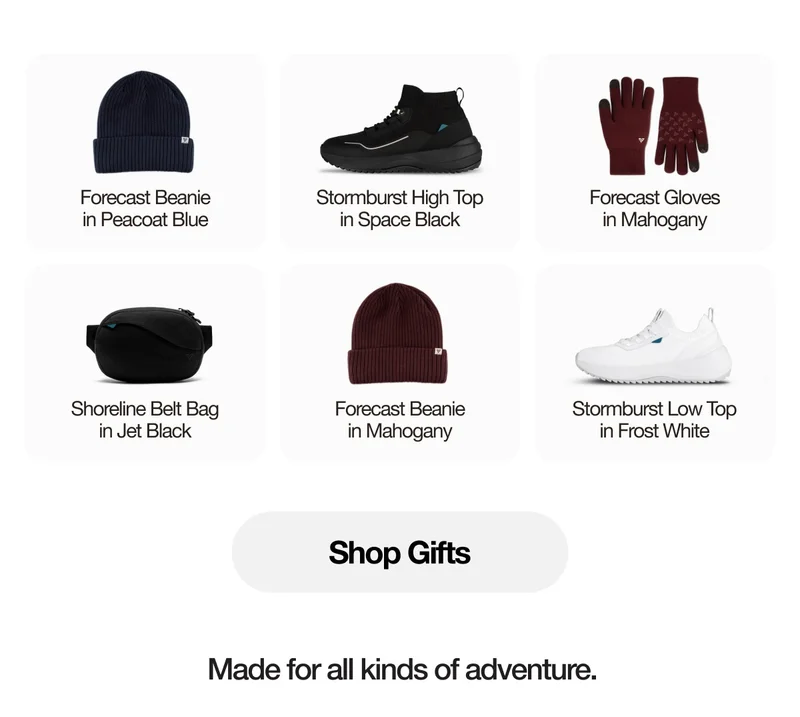 Product grid of gifts for adventurers. Shop Gifts. Made for all kinds of adventure.