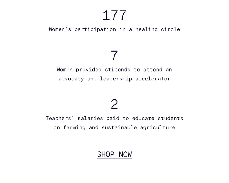 177 Women's participation in a healing circle, 7 Women provided stipends to attend an advocacy and leadership accelerator, 2 Teachers' salaries paid to educate students on farming and sustainable agriculture   |   SHOP NOW