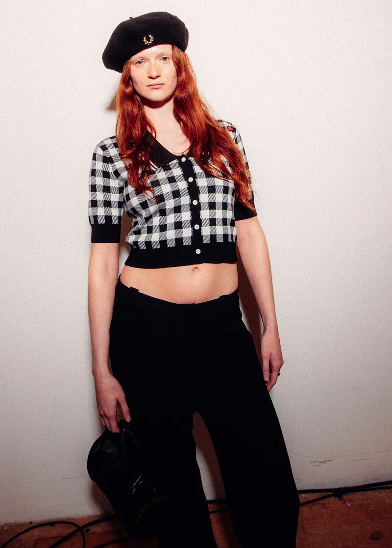 Female model wearing a Fred Perry x Amy Winehouse Foundation Gingham Knitted Shirt