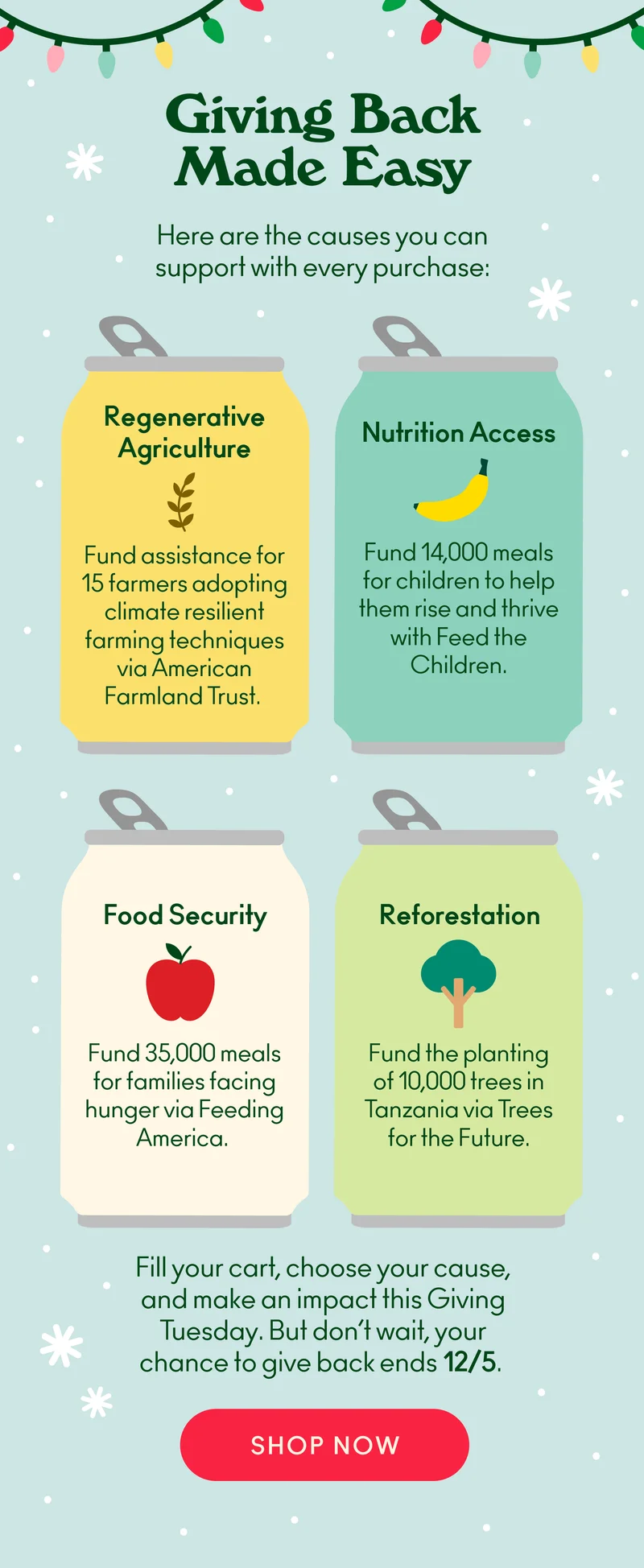 Here are the causes you can support with every purchase: Regenerative Agriculture: Fund assistance for 15 farmers adopting climate resilient farming techniques via American Farmland Trust. Nutrition Access: Fund 14,000 meals for children to help them rise and thrive with Feed the Children. Food Security: Fund 35,000 meals for families facing hunger via Feeding America. Reforestation: Fund the planting of 10,000 trees in Tanzania via Trees for the Future. Fill your cart, choose your cause, and make an impact this Giving Tuesday. But don’t wait, your chance to give back ends 12/5.