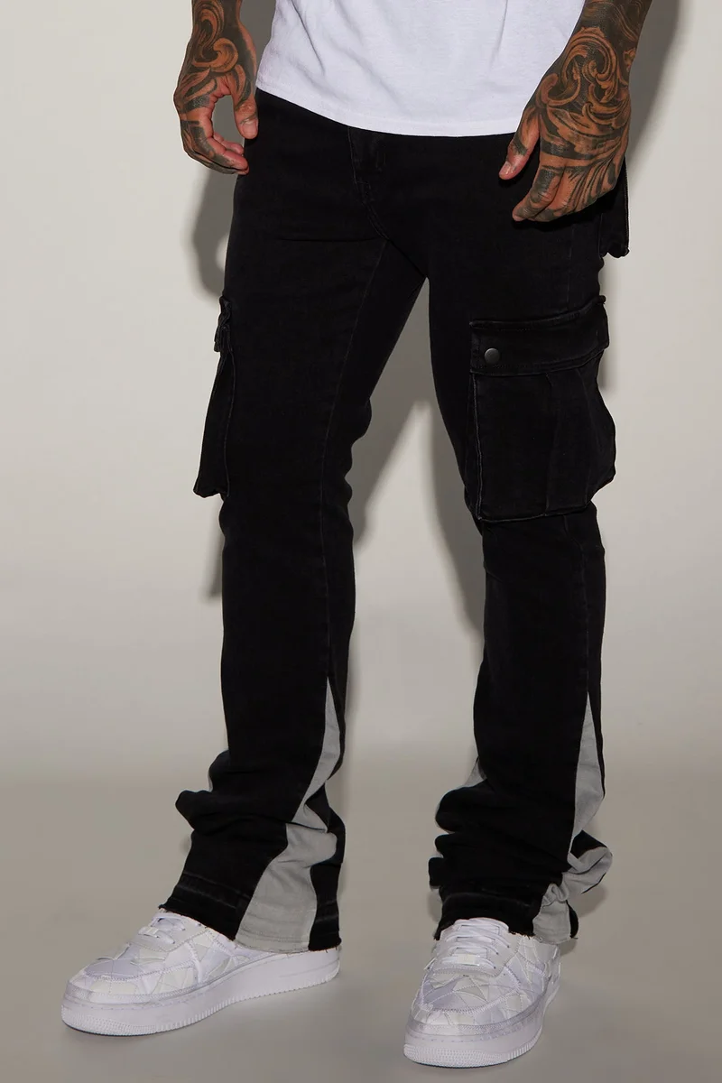 Image of Carried Cargo Stacked Skinny Flared Jeans - Black