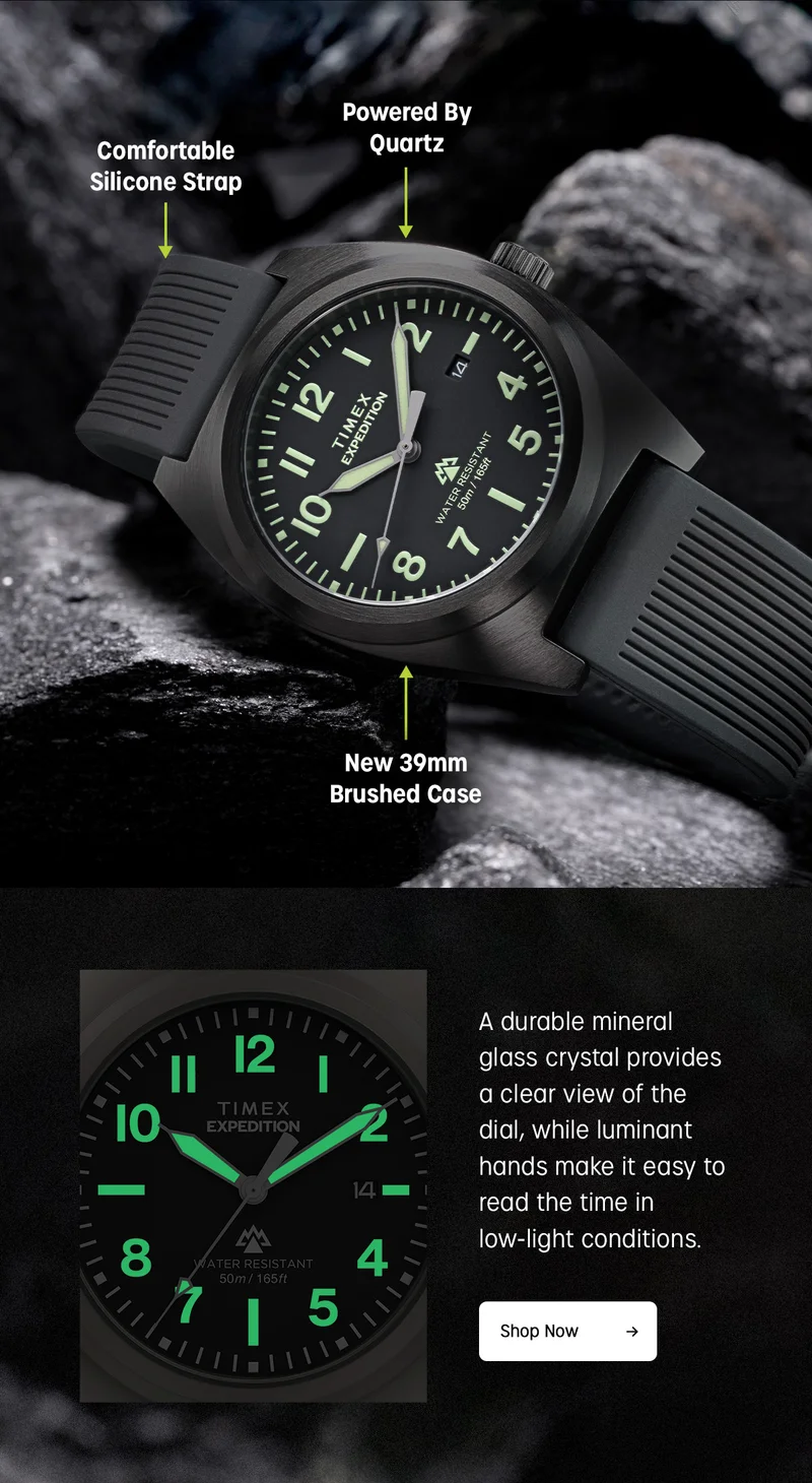 comfortable silicone strap | powered by quartz | new 39mm brushed case | a durable mineral glass crystal provides a clear view of the dial, while luminant hands make it easy to read the time in low-light conditions. | shop now