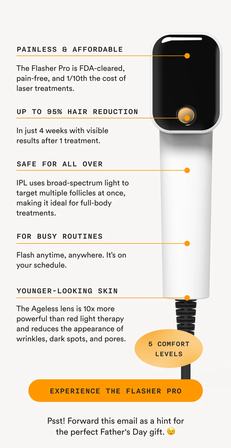 Painless & Affordable: The Flasher Pro is FDA-cleared, pain-free, and 1/10th the cost of laser treatments. - Up To 95% Hair Reduction: In just 4 weeks with visible results after 1 treatment. - Safe For All Over: IPL uses broad-spectrum light to target multiple follicles at once, making it ideal for full-body treatments. - For Busy RoutinesL Flash anytime, anywhere. It's on your schedule. - Younger-Looking Skin: The Ageless lens is 10x more powerful than red light therapy and reduces the appearance of wrinkles, dark spots, and pores. - (5 COMFORT LEVELS) - EXPERIENCE THE FLASHER PRO - Psst! Forward this email as a hint for the perfect Father's Day gift. 😉
