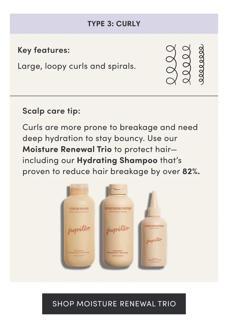 Type 3: Curly | Key features: Large, loopy curls and spirals. | Scalp care tip: Curls are more prone to breakage and need deep hydration to stay bouncy. Use our Moisture Renewal Trio to protect hair—including our Hydrating Shampoo that’s proven to reduce hair breakage by over 82%. | Shop Moisture Renewal Trio