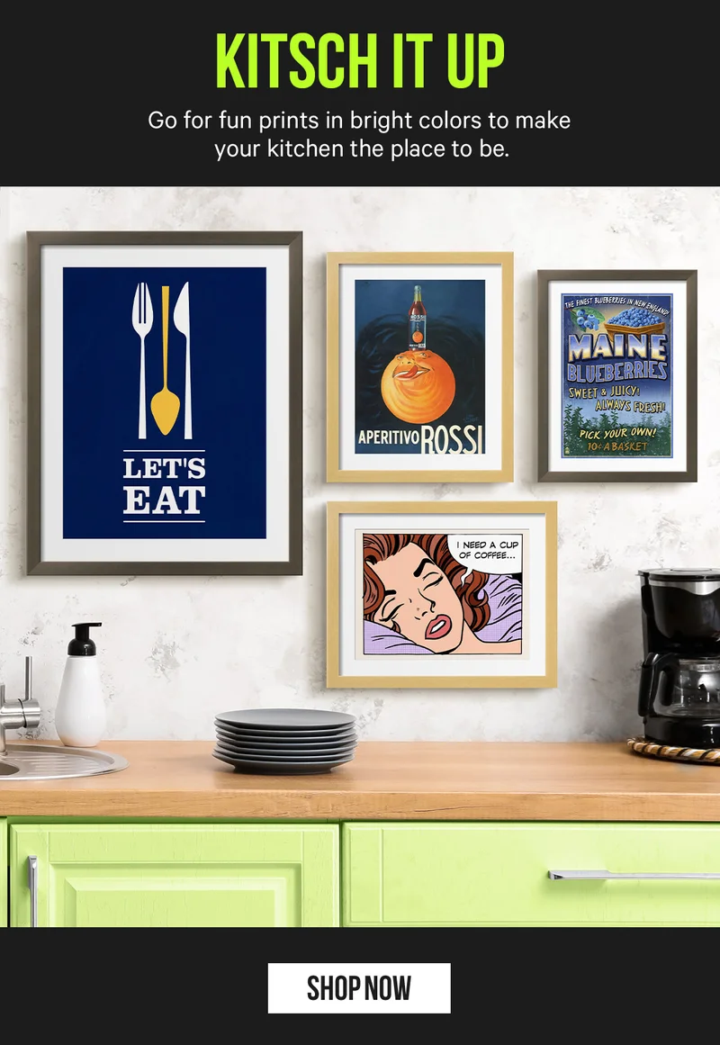 Kitsch it up! Go for fun prints in bright colors to make your kitchen the place to be.