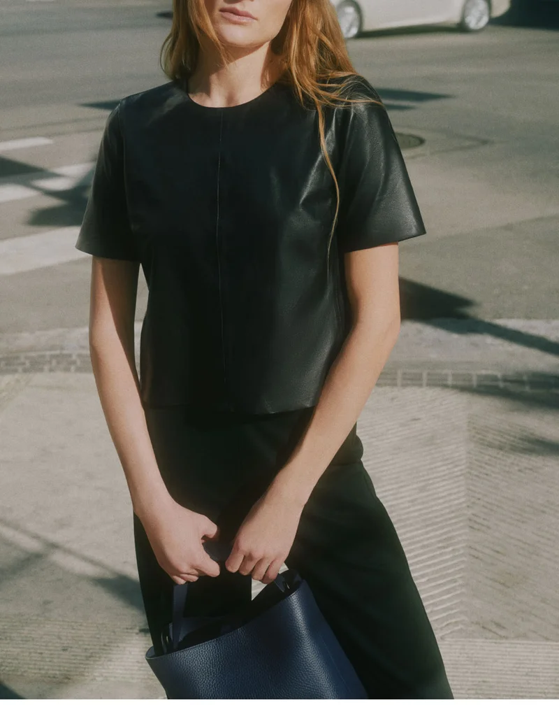 Leather Cropped Tee and Linea Bucket Bag Navy