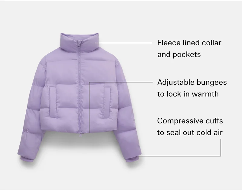 Fleece lined collar and pockets, Adjustable bungees to lock in warmth, Compressive cuffs to seal out cold air