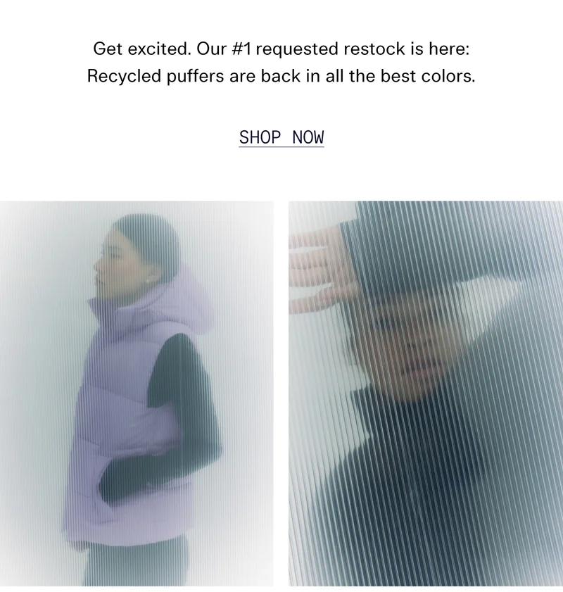 Get excited. Our #1 requested restock is here: Recycled puffers are back in all the best colors.  |  SHOP NOW