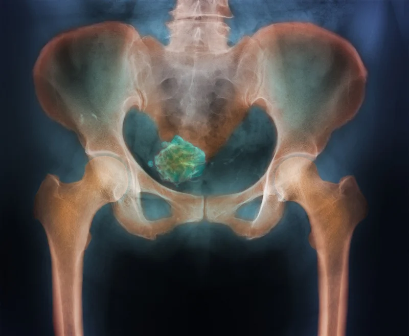 A colored pelvic X-ray reveals a calcified fibroid (blue, center) in the uterus of a 65-year-old woman. A fibroid is a benign tumor of fibrous and muscular tissue.