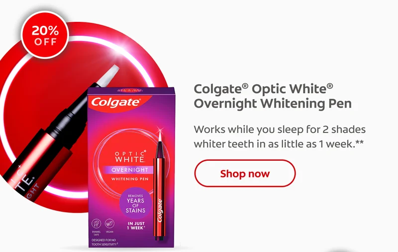 20% off Colgate® Optic White® Overnight Whitening Pen Works while you sleep for 2 shades whiter teeth in as little as 1 week.** click here to shop now