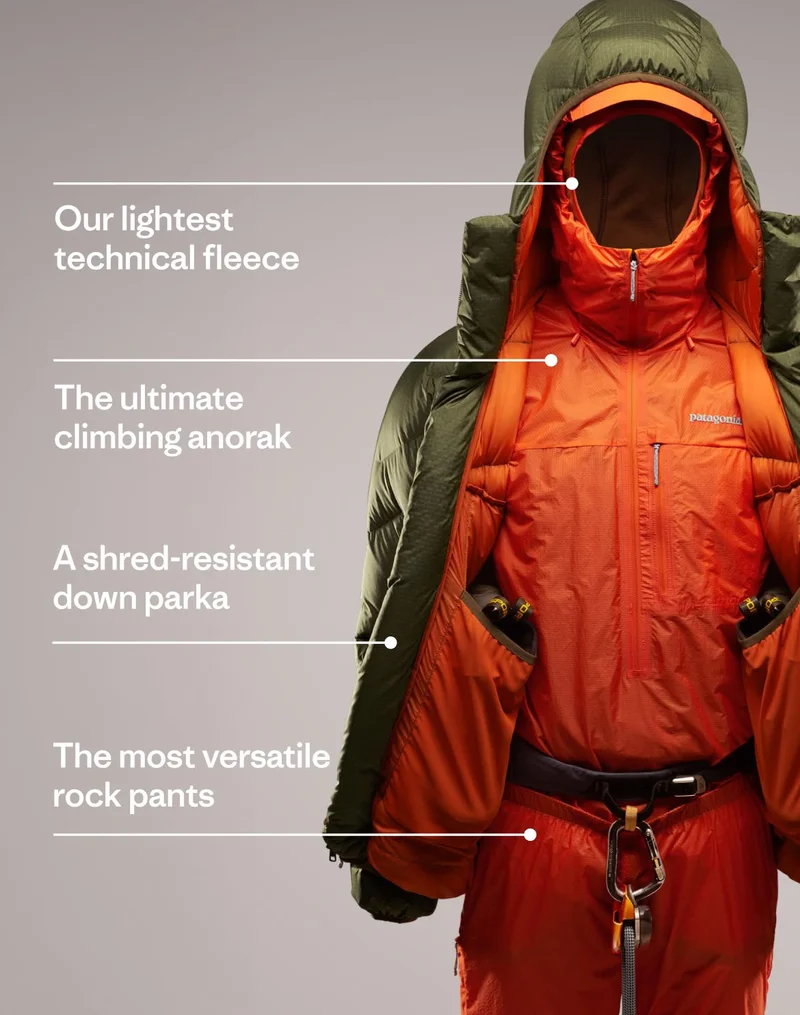 The Free Wall Kit features our lightest technical fleece, the ultimate climbing anorak, a shred-resistant down parka and the most versatile rock pants.