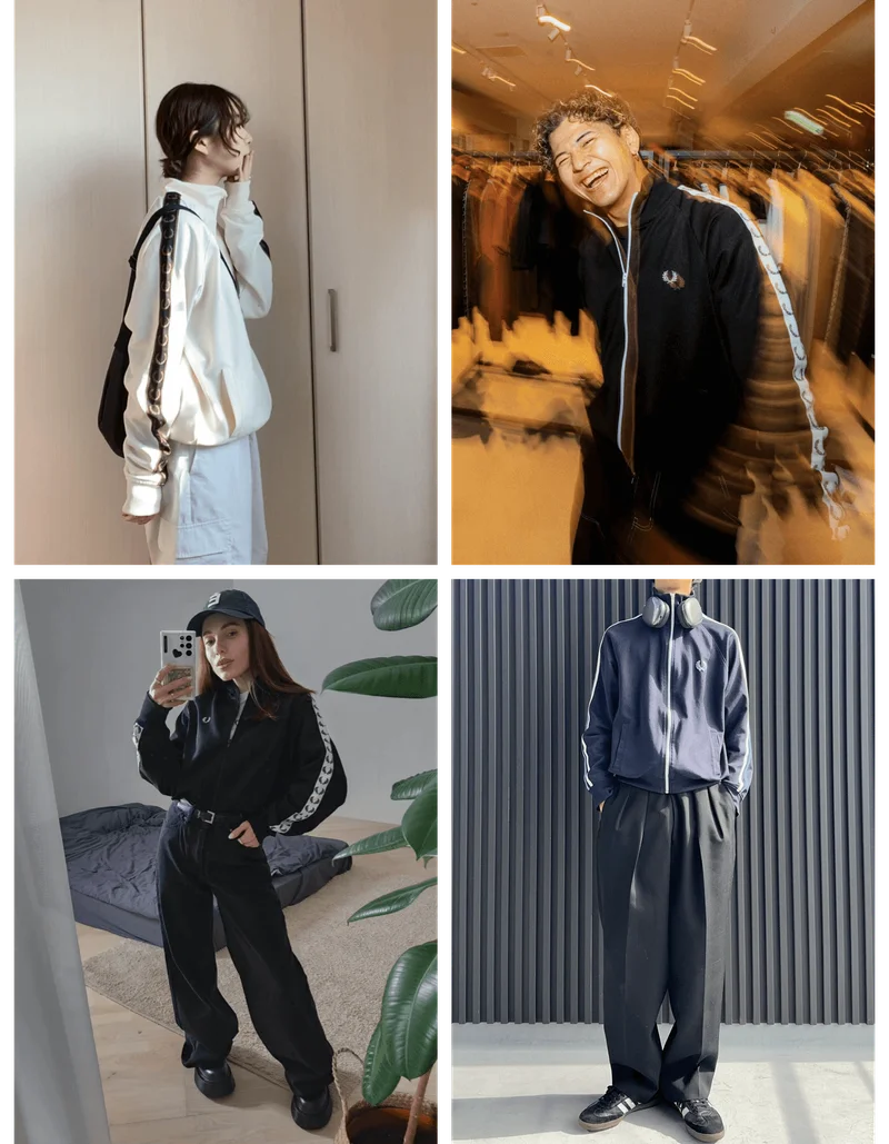 Picture collage of customers wearing tapered fred perry track jackets