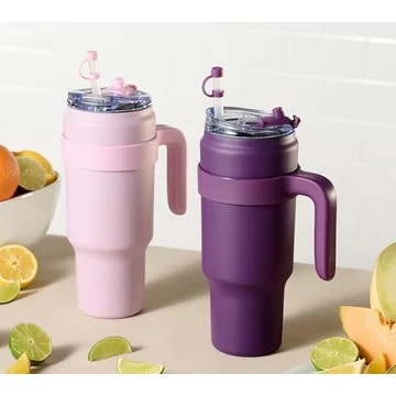 Primula Set of (2) 40-oz Tumblers w/ Handles and Straw Covers