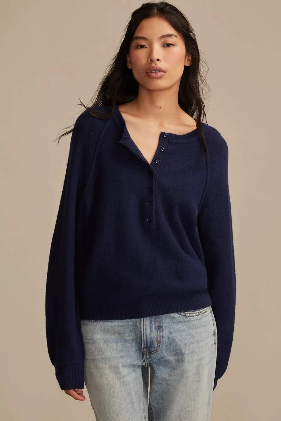 Image of Lucky Brand Relaxed Henley Sweater - Women's Clothing Tops Tees Henley Shirt in Naval Academy