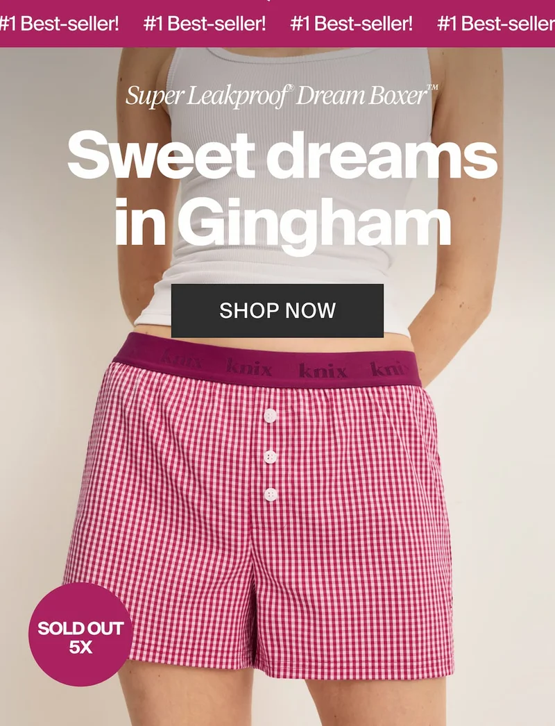 #1 Best-seller! Super Leakproof Dream Boxer - Sweet dreams in gingham. Shop Now Sold out 5x