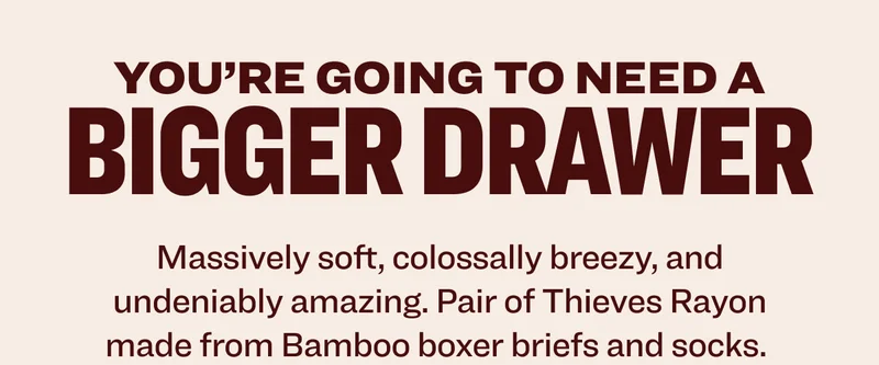You’re going to need a bigger drawer. Massively soft, colossally breezy, and undeniably amazing.   Pair of Thieves Bamboo Rayon boxer briefs and socks.
