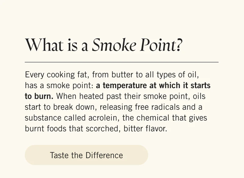 What is a Smoke Point?  Every cooking fat, from butter to all types of oil, has a smoke point: a temperature at which it starts to burn. When heated past their smoke point, oils start to break down, releasing free radicals and a substance called acrolein, the chemical that gives burnt foods that scorched, bitter flavor. Taste the Difference.