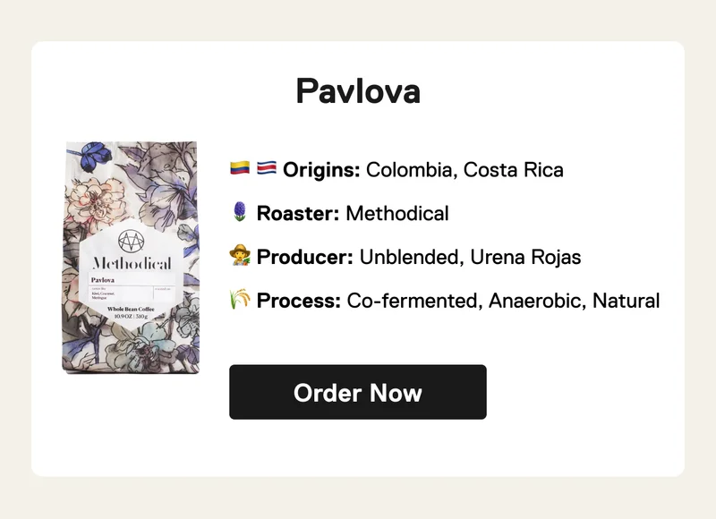 Pavlova. 🇨🇴 🇨🇷 Origins: Colombia, Costa Rica 🪻 Roaster: Methodical  👩‍🌾 Producer: Unblended, Urena Rojas 🌾 Process: Co-fermented, Anaerobic, Natural. Order Now.
