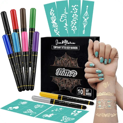 A temporary tattoo set with markers and stencils A temporary tattoo set with markers and stencils