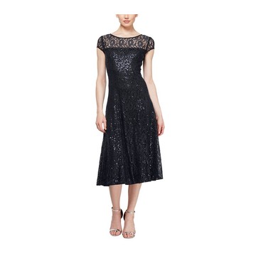 S.L. Fashions Cap Sleeve Tea Leength Lace Dress - Regular