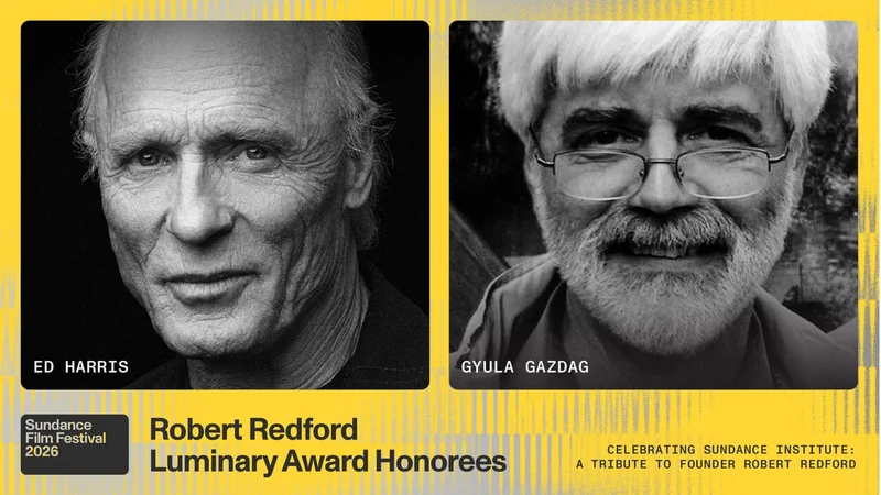 Graphic of Robert Redford Luminary Award Honorees with black and white profile pictures of Ed Harris and Gyula Gazdag.