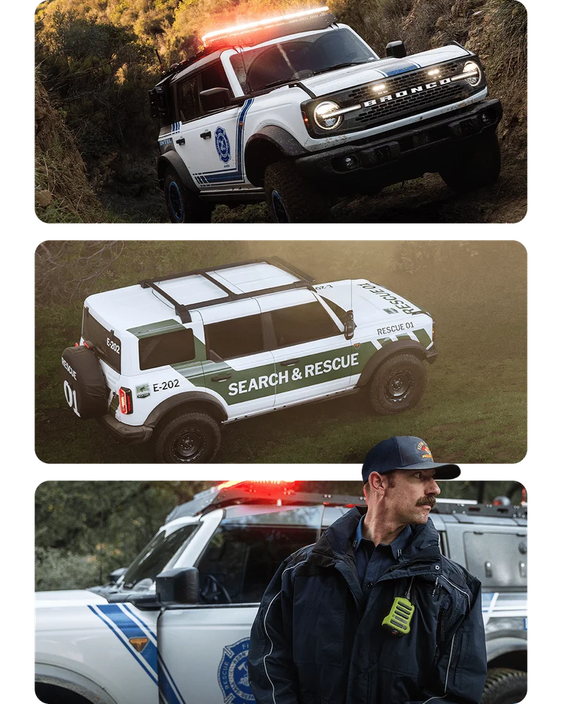 Top image is Search & Rescue Bronco® SUV with it’s headlights on going up a hill. Middle image is a Bronco® SUV with the words "Search & Rescue" on the side of the vehicle. Bottom image is a Search & Rescue worker in front of a Bronco® SUV with its light bar on.