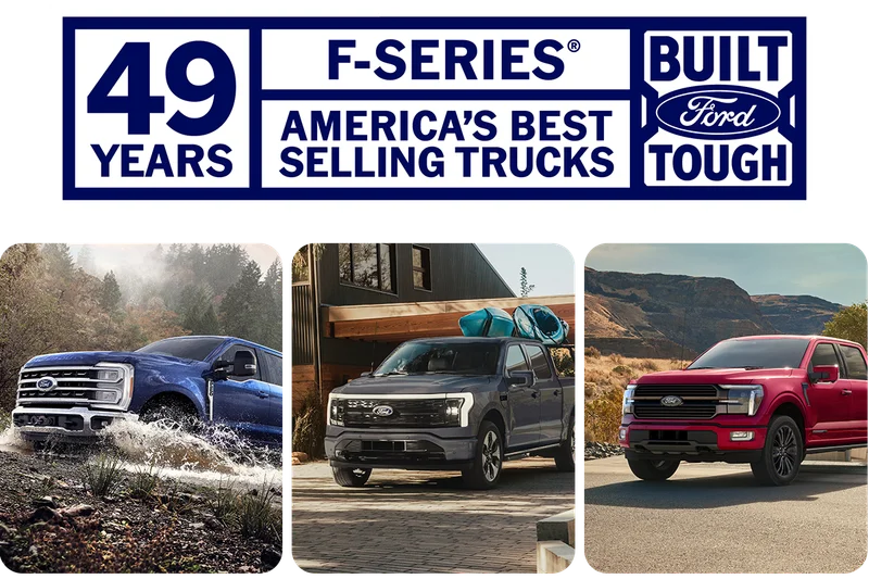 Three Ford pickup trucks equipped for work and adventure along with the words 49 years, F‑Series®, America’s best‑selling trucks, Built Ford Tough®