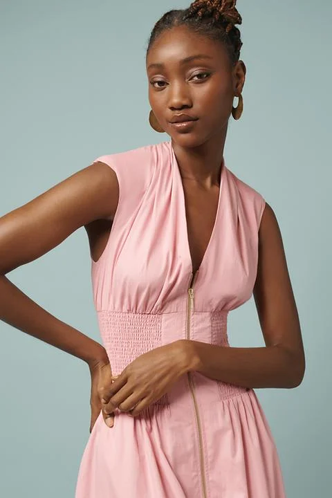 The Tommie Cap-Sleeve Smocked Front-Zip Shirt Dress