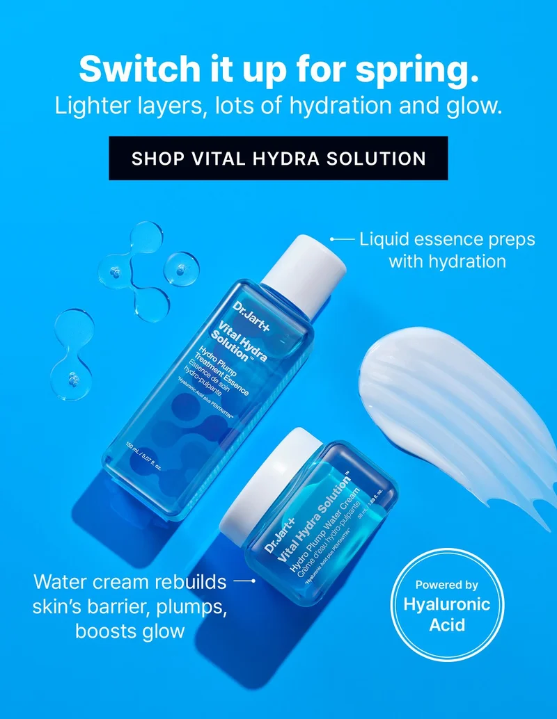 Switch it up for spring. | Lighter layers, lots of hydration and glow. | SHOP VITAL HYDRA SOLUTION | Liquid essence preps with hydration | Water cream rebuilds skin's barrier, plumps, boosts glow | Powered by Hyaluronic Acid
