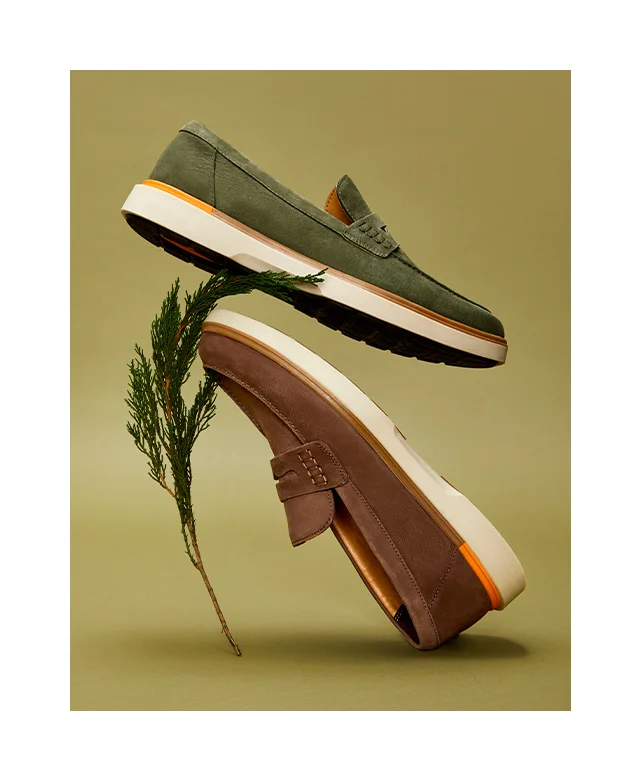 Leo penny loafers in brown and olive green nubuck leather. Shop the Leo Loafer.