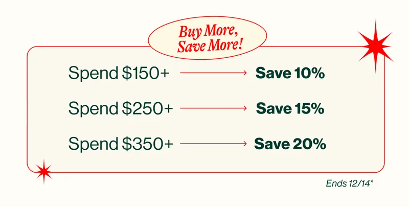 Buy More, Save More! Spend $150+ Save 10%.Spend $250+ Save 15%. Spend $350+ Save 20%. eNDS 12/14*