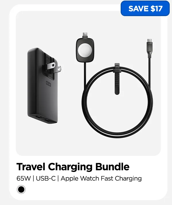 65W Slim Power Adapter fast charges all your devices. Paired with Universal Cable’s Apple Watch Fast Charger and USB-C connectors, this bundle is all you'll need to pack.