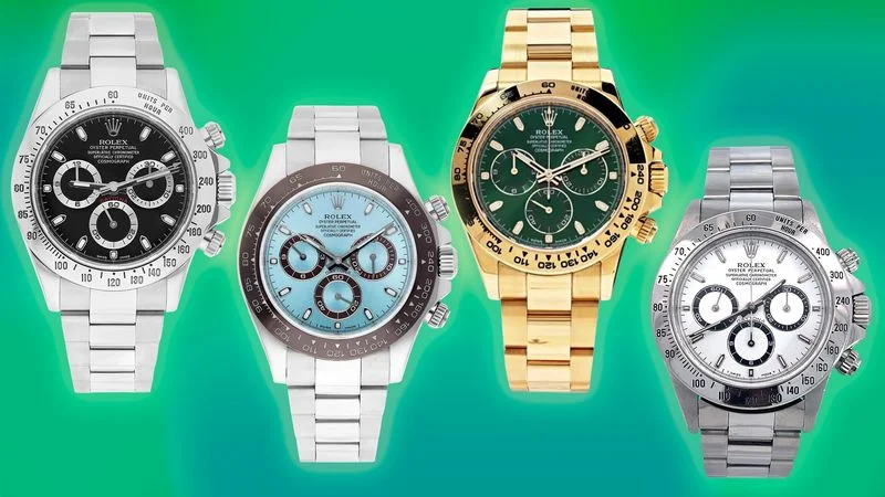 Four Rolex Daytona watches in front of a minty-green background.