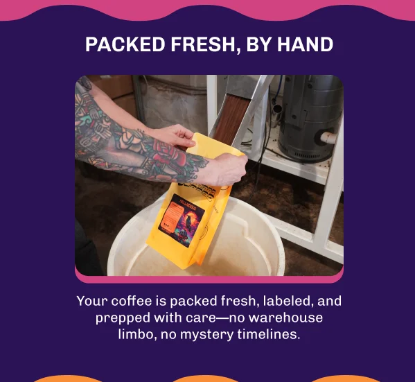 Packed fresh, by hand. Your coffee is packed fresh, labeled, and prepped with care—no warehouse limbo, no mystery timelines.