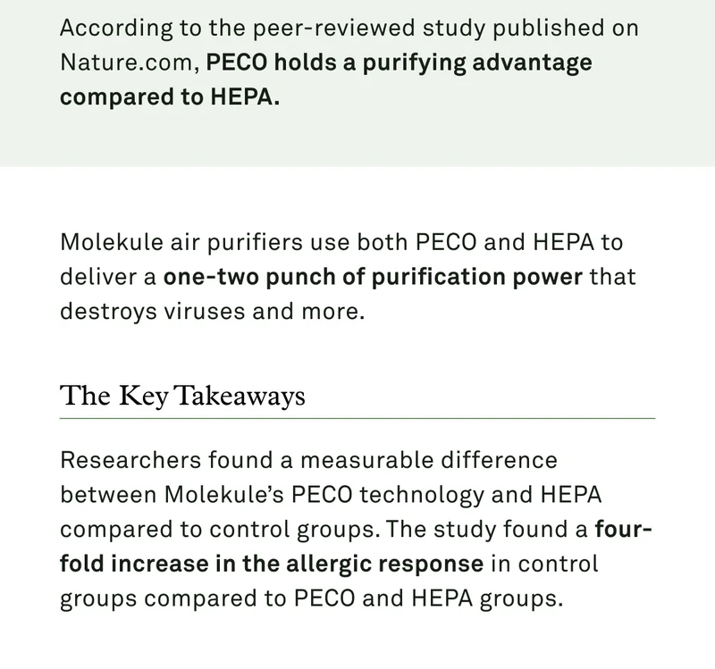According to peer-reviewed study published on Nature.com, PECO holds a purifying advantage compared to HEPA. Read the takeaways in the study.