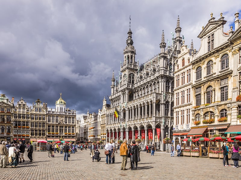 View of the Grand Place featuring historical 17th-century guildhalls, including Le Pigeon, Maison du Roi, and Le Roy d'Espagne, showcasing elaborate Baroque architecture.