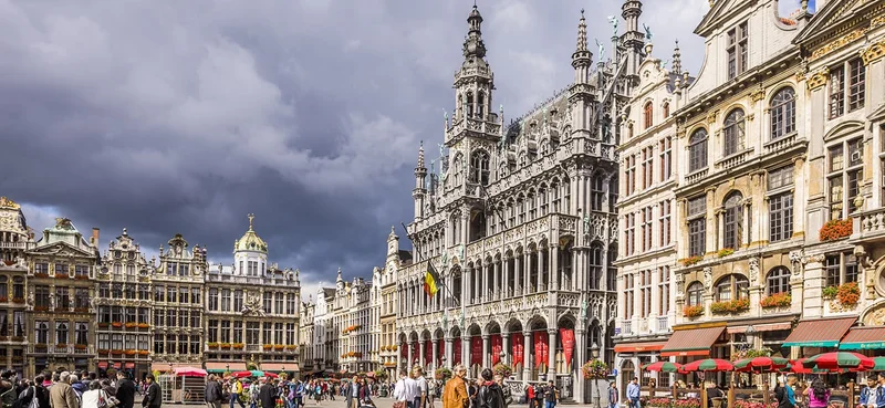 View of the Grand Place featuring historical 17th-century guildhalls, including Le Pigeon, Maison du Roi, and Le Roy d'Espagne, showcasing elaborate Baroque architecture.