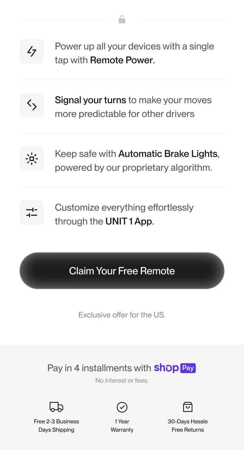 Key benefits of the UNIT 1 Remote: Power control, turn signaling, brake light integration, and app customization.