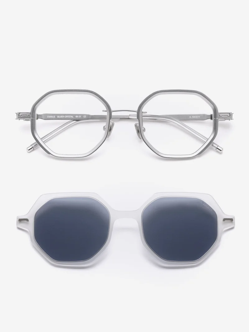 Image of A.SOCIETY Charlie Sunglasses  - Silver-Crystal/Blue Blocking Lens & Grey Clip on Sun