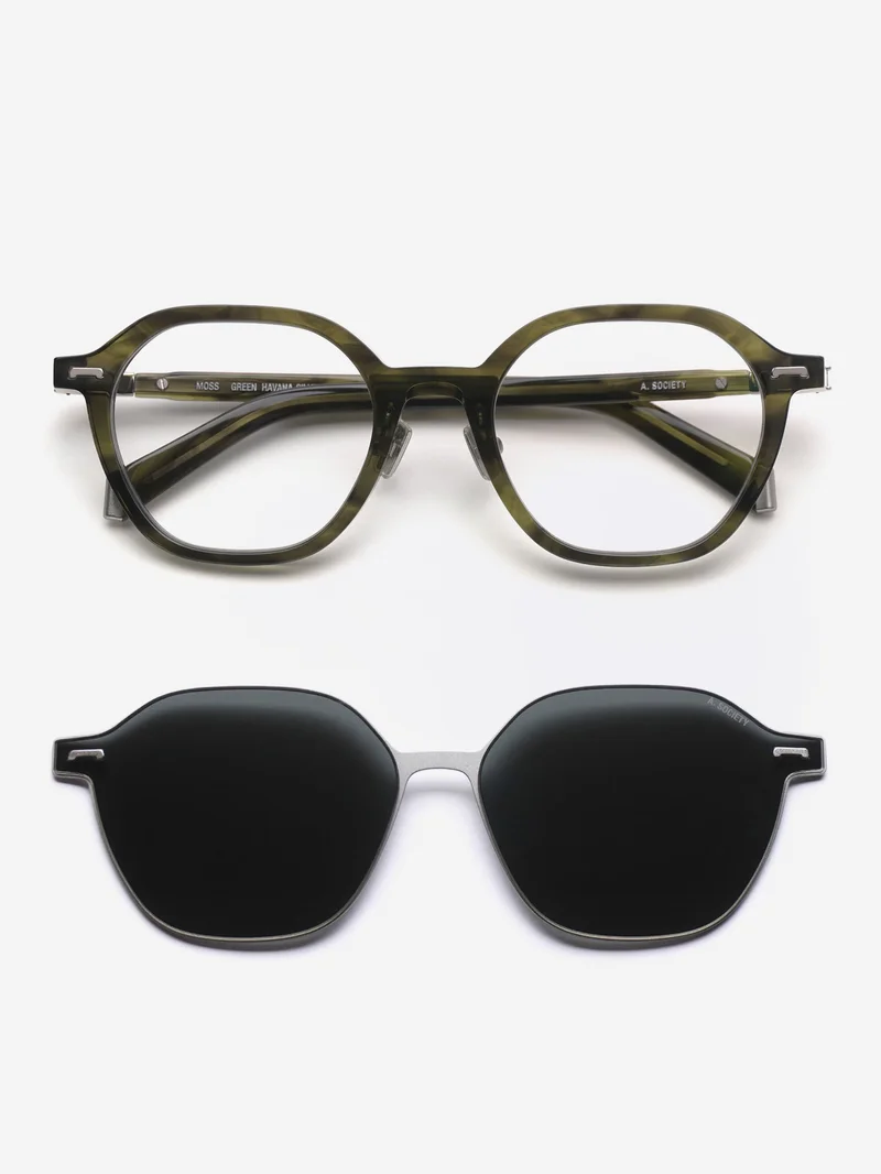 Image of A.SOCIETY Moss Sunglasses  - Green Havana-Silver/Blue Blocking Lens & Grey Clip on Sun
