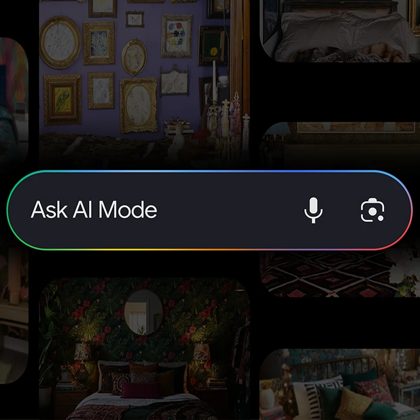 Dark 'Ask AI Mode' search bar with rainbow border, microphone and camera icons, over darkened home interiors.